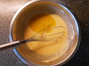 Vegetarian Cake-Add olive oil to flour, baking powder, salt, pepper and eggs mix kipkitchen.com #vegetarian #cake #healthy